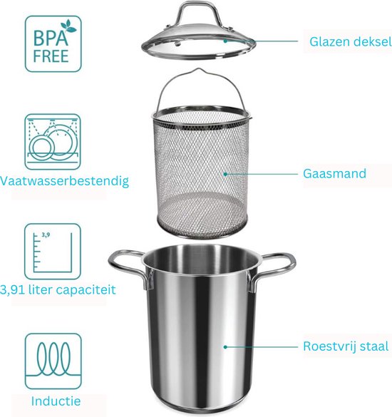 LOLYSIC Aspergepan, kookpan, pastaban, 3 liter, pan voor het koken van asperges of spaghetti, roestvrij staal met zeefinzetstuk, BPA-vrij en vaatwasmachinebestendig
