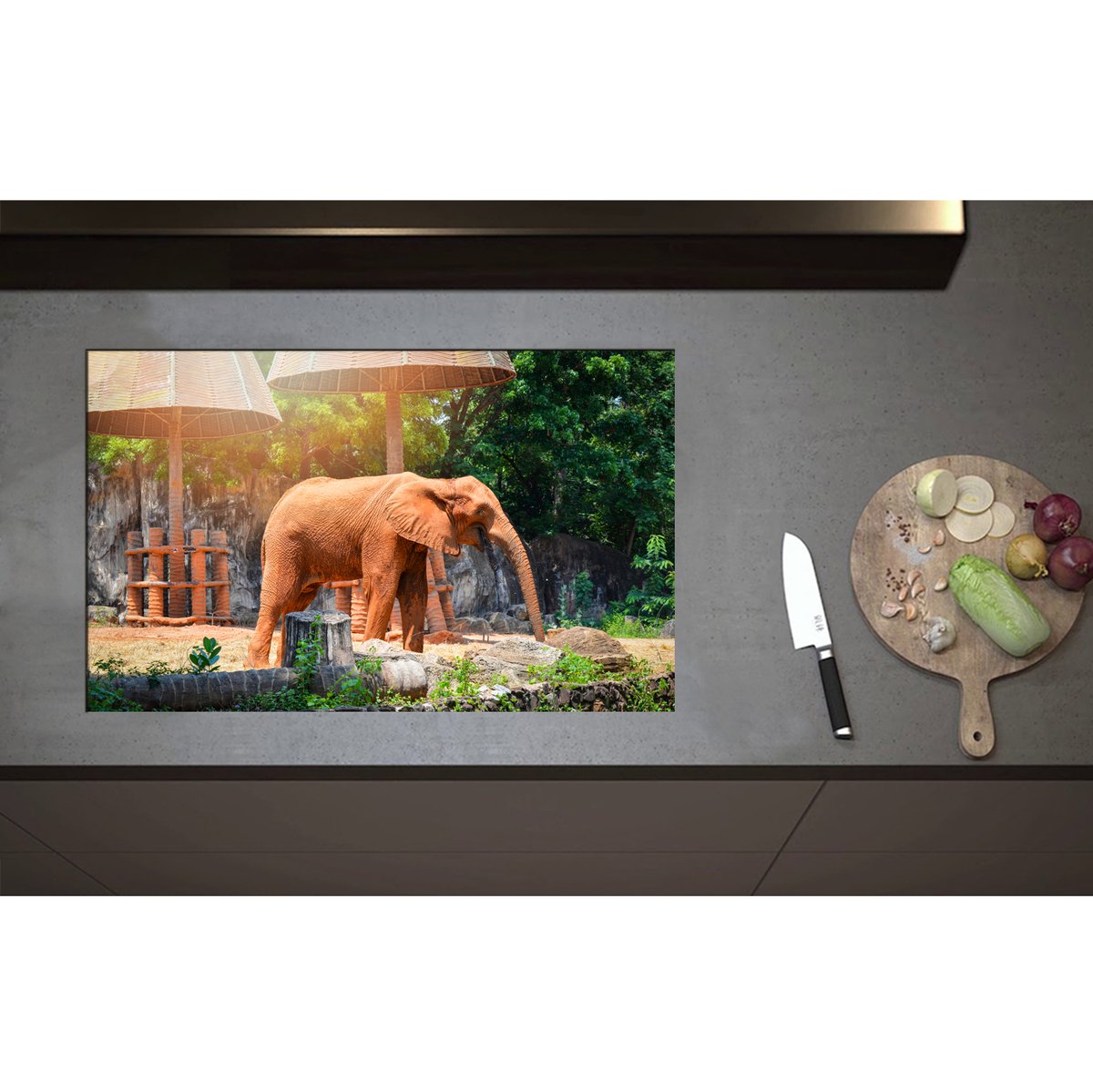 Inductieplaat Beschermer - Aziatische Lachende Olifant tussen de Planten - 80x50 cm - 2 mm Dik - Inductie Beschermer - Bescherming Inductiekookplaat - Kookplaat Beschermer van Wit Vinyl