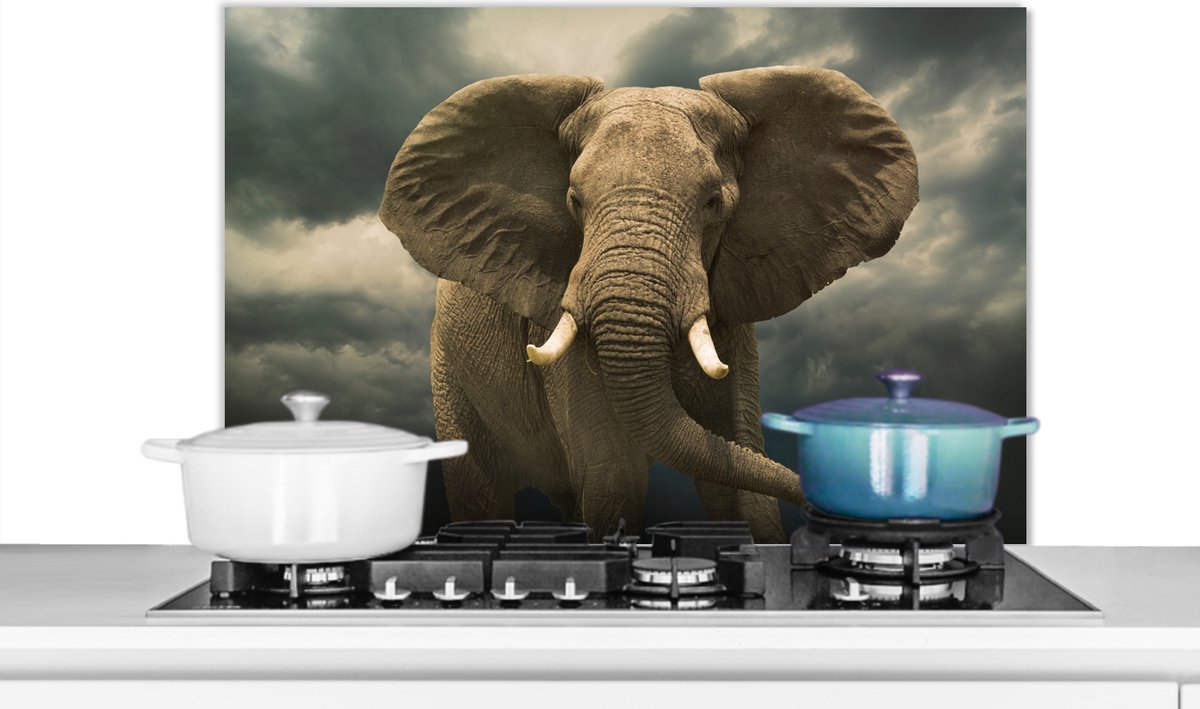 KitchenYeah Spatscherm keuken 90x60 cm Kookplaat achterwand Afrikaanse olifant tegen de donkere wolken Muurbeschermer Spatwand fornuis Hoogwaardig aluminium
