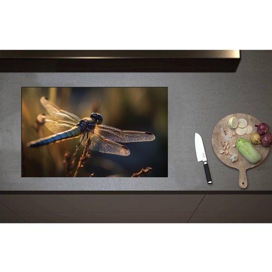 Foto: Inductieplaat beschermer blauwe libel staat op bloem met gedetaileerde doorzichtige vleugels 80x50 cm 2 mm dik inductie beschermer bescherming inductiekookplaat kookplaat beschermer van wit vinyl