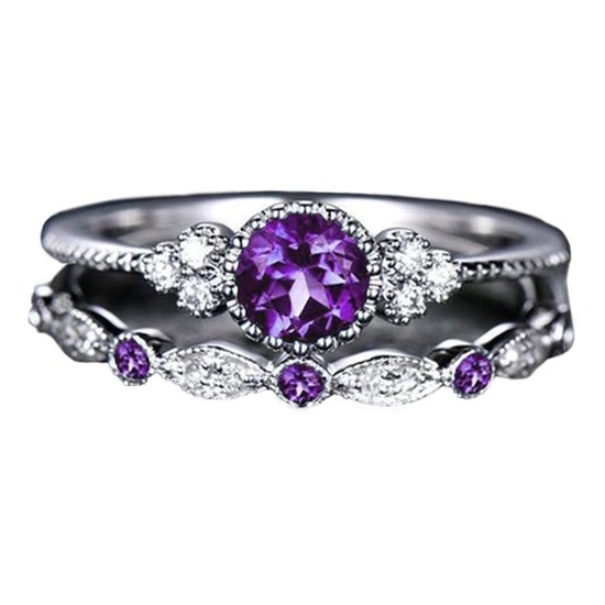 Ring paarse steen / edelsteen (set) - Ring met steentje dames - Ring maat 17 zilver kleurig staal - Maat 55 ring dames ringen set van 2 - Paars