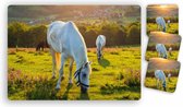 Placemats - 6 stuks 42 x 30 cm bedrukt met Witte paarden grazen op een heuvel en 10 bijpassende onderzetters 10 x 10 cm