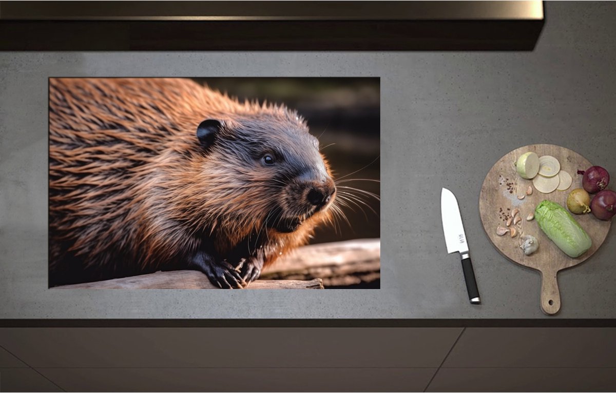 Inductieplaat Beschermer - Bever hangt met poten over stuk hout heen - 80x52 cm - 2 mm Dik - Inductie Beschermer - Bescherming Inductiekookplaat - Kookplaat Beschermer van Zwart Vinyl