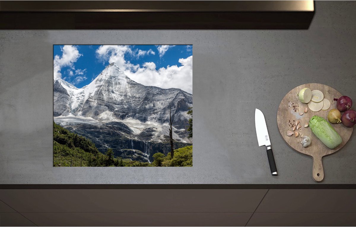 Inductieplaat Beschermer - Begroeiing aan de Rand van Stijle Sneeuwbergen - 59x52 cm - 2 mm Dik - Inductie Beschermer - Bescherming Inductiekookplaat - Kookplaat Beschermer van Wit Vinyl