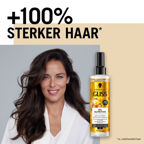 Femme aux longs cheveux bruns foncés avec un spray démêlant Gliss Oil Nutritive. Cheveux +100% plus forts.