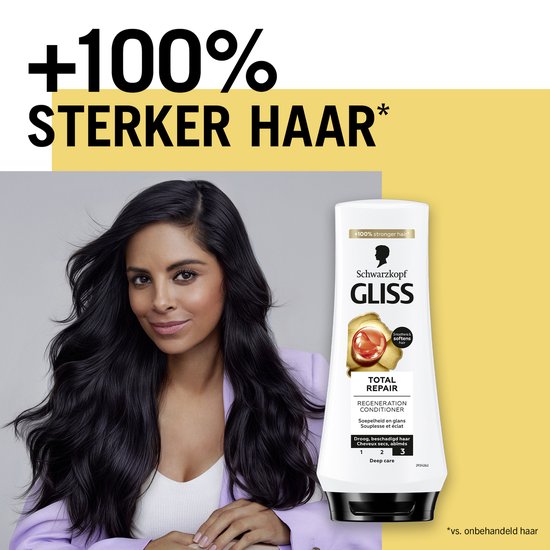 Femme aux longs cheveux foncés regarde la caméra. À côté d'elle, une bouteille de revitalisant Gliss Total Repair. Cheveux 100% plus forts.