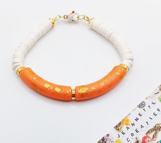 Jeannette-Creatief® - Holland - Armband White Katsuki & Acryl Tube kralen Orange Gold - Armband Dames - Dames Armband - Polsmaat 16.5 - EK 2024 - Voetbal - EK