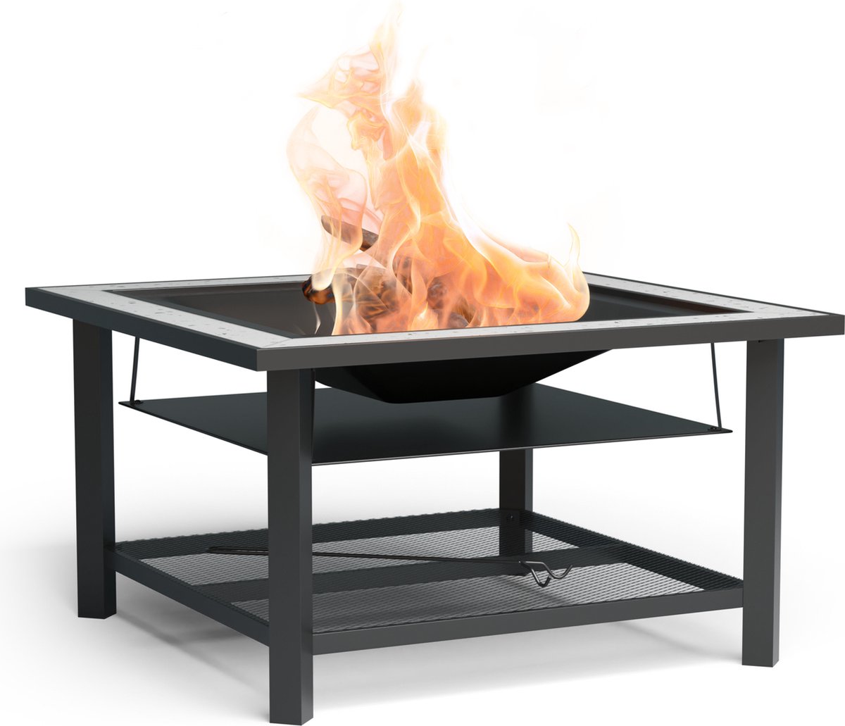 Blumfeldt Merano Avanzato vuurschaal - 3-in-1 vuurschaal met grillrooster & tafel, Robuust stalen frame, Terrazzo tafelblad, Incl. vonkenvanger, hitteschild & pook, Voor tuin & terras