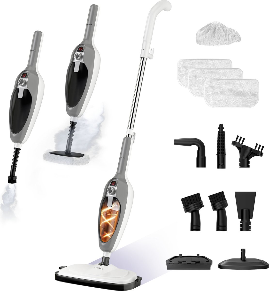 LUMAN 12 in 1 Stoomreiniger Én Handstomer - Tapijtreiniger - Vlekkenreiniger - Met 10 Opzetstukken en 3 Microvezeldoeken - Vloer Bank Badkamer en Tapijt Reinigen - Grijs