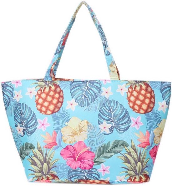 Een vrolijke strandtas met een print van een ananas, bloemen en bladeren (55x35x20cm) gevoerd en afsluitbaar met een rits aan de binnenkant. Dit is een echte musthave! Een handige tas om veel in mee te kunnen nemen. Voor uzelf of als Cadeau.