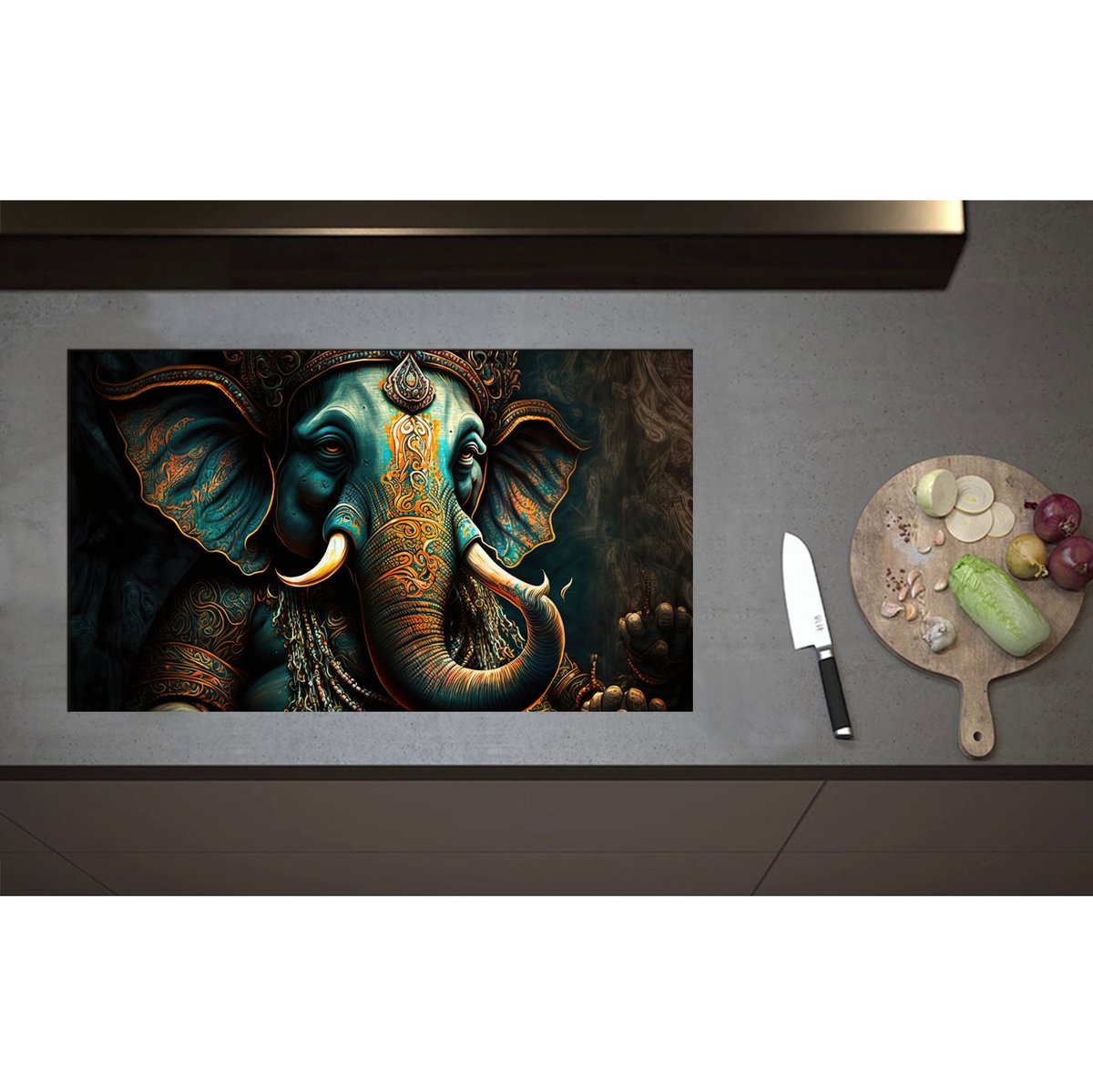 Inductieplaat Beschermer - Blauw Ganesha Beeld met Gouden Details - 85x50 cm - 2 mm Dik - Inductie Beschermer - Bescherming Inductiekookplaat - Kookplaat Beschermer van Zwart Vinyl