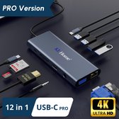 12 in 1 USB-C Hub - Docking Station – Laptop - Docking Station USB-C 3.0 – USB-C 100W opladen - 2x 4K HDMI - 1x VGA - Ethernetport