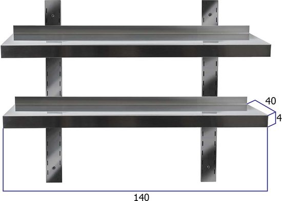 HCB® - Professionele Wandschap van metaal - Dubbel wandschap - RVS / INOX - Muurplank - wandplank - Horeca - 140x40x4 cm (BxDxH) - 15 kg