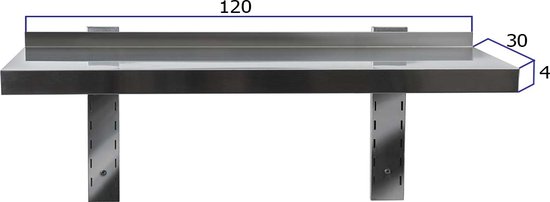 HCB® - Professionele Wandschap van metaal - Wandschap - RVS / INOX - Muurplank - wandplank - Horeca - 120x30x4 cm (BxDxH) - 15 kg