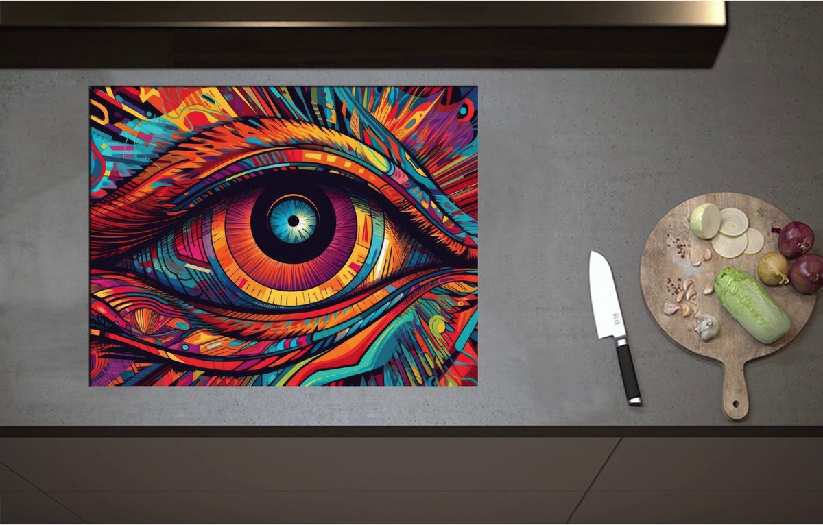 Inductieplaat Beschermer - Blauw Oog op Kleurrijk Gezicht - 71x55 cm - 2 mm Dik - Inductie Beschermer - Bescherming Inductiekookplaat - Kookplaat Beschermer van Wit Vinyl
