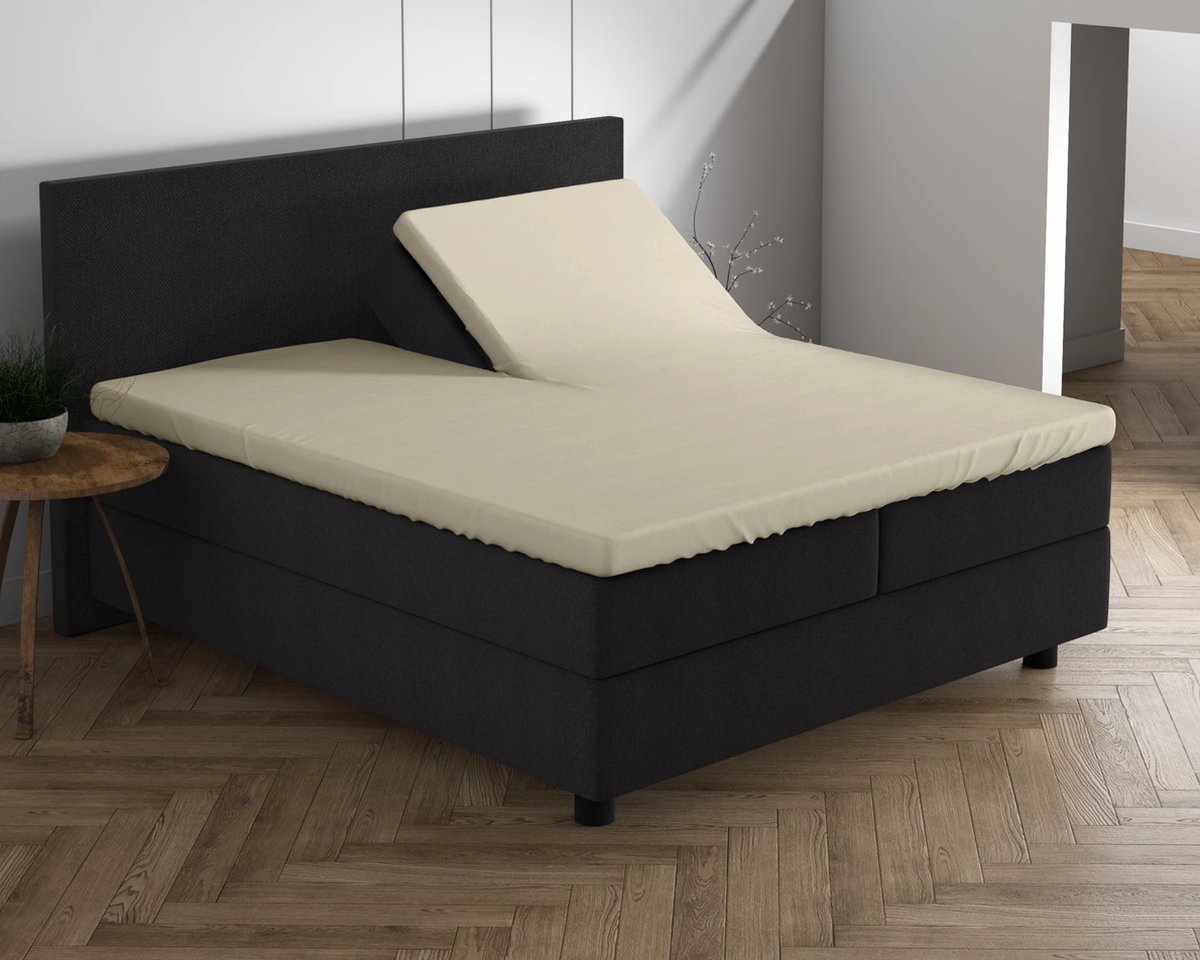 Luxe dubbel jersey geweven katoen splittopper hoeslaken creme - 180x200/210/20 (lits-jumeaux) - zware kwaliteit - superzacht - perfecte pasvorm - voor optimaal slaapcomfort