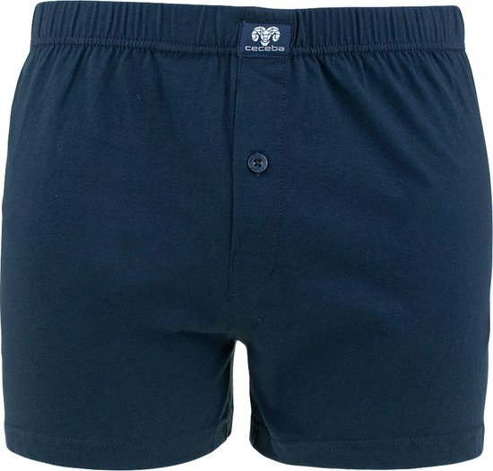 Effen donkerblauwe Ceceba boxer met elastische tailleband en knoopsluiting.