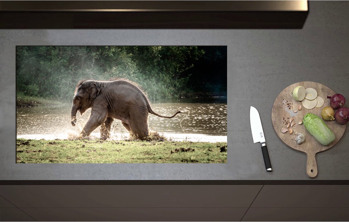 Inductieplaat Beschermer - Baby Olifant Spelend in Meer in Regenwoud - 90x51 cm - 2 mm Dik - Inductie Beschermer - Bescherming Inductiekookplaat - Kookplaat Beschermer van Zwart Vinyl