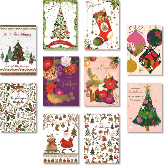 50x Cardeau dubbele Kerstkaarten en Nieuwjaarskaarten - Foliedruk - 5 doosjes - 10 motieven - 10,5 x 14,5 cm