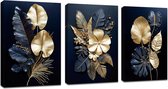 3 panelen moderne canvas muurkunst marineblauw goud bloemen kokosbladeren foto schilderij op canvas prints voor woonkamer slaapkamer kantoor wanddecoratie gespannen op frame, 30 x 40 cm x