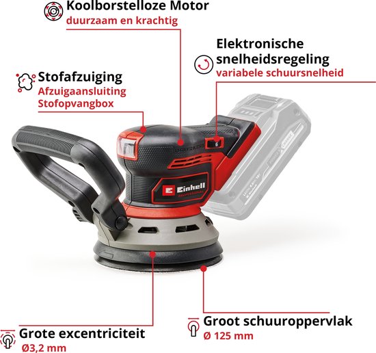 Rode en zwarte schuurmachine met gedetailleerde informatie: koolborstelloze motor, stofafzuiging, elektronische snelheidsregeling, groot schuuroppervlak 125mm.