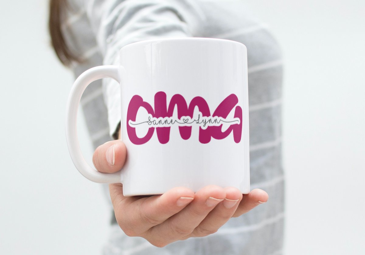 Hip met Pit Creaties - Mok "Oma" Gepersonaliseerd met Namen Kleinkinderen - 300ml Koffiemok - Vaatwasbestendig - Verjaardag Moederdag - Namen via Mail