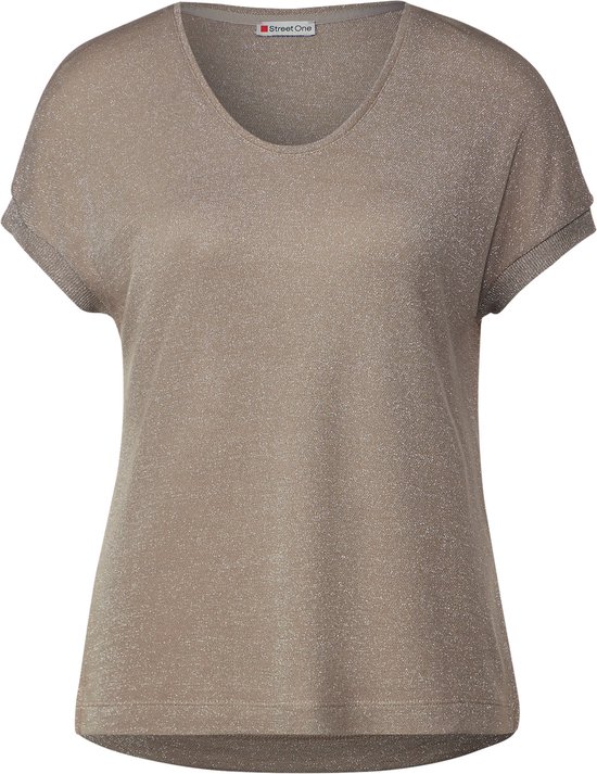 Street One LTD QR v-neck shiny Dames T-shirt - safari beige - Maat 40