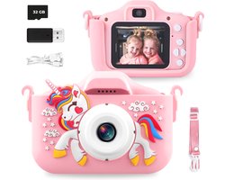 foto van Happy Child® Digitale Kindercamera inclusief Stickervel - 32GB SD-kaart – Fototoestel voor Kinderen – Nederlandstalig – Roze Eenhoorn