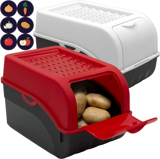 boîte de conservation pour légumes et fruits, boîtes de conservation empilables avec couvercle ventilé pour pommes de terre, oignons, boîtes de conservation avec étiquettes, 29x19x19cm 7,7L, Rouge et Wit, Set de 2