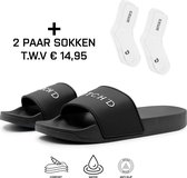 Dutch'D ® Rubberen slipper + GRATIS 2 paar Sport Sokken t.w.v € 13,95 - zwart/wit - Maat 43/44 - anti slip - Comfortabel - Dubbele maten - unisex