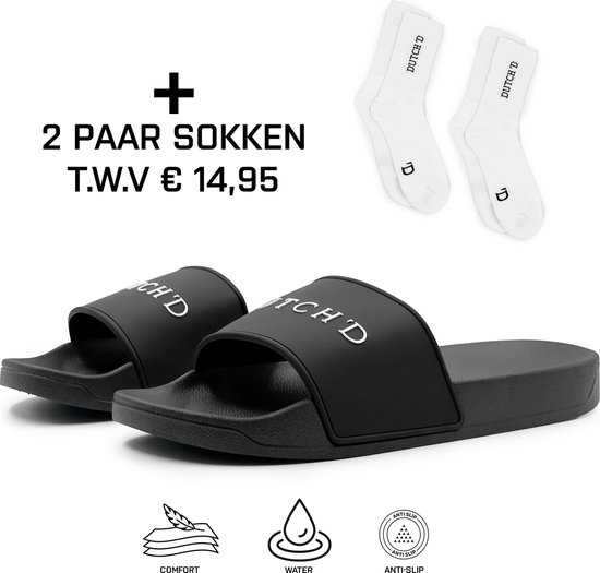 Dutch'D ® Rubberen slipper + GRATIS 2 paar Sport Sokken t.w.v € 13,95 - zwart/wit - Maat 43/44 - anti slip - Comfortabel - Dubbele maten - unisex