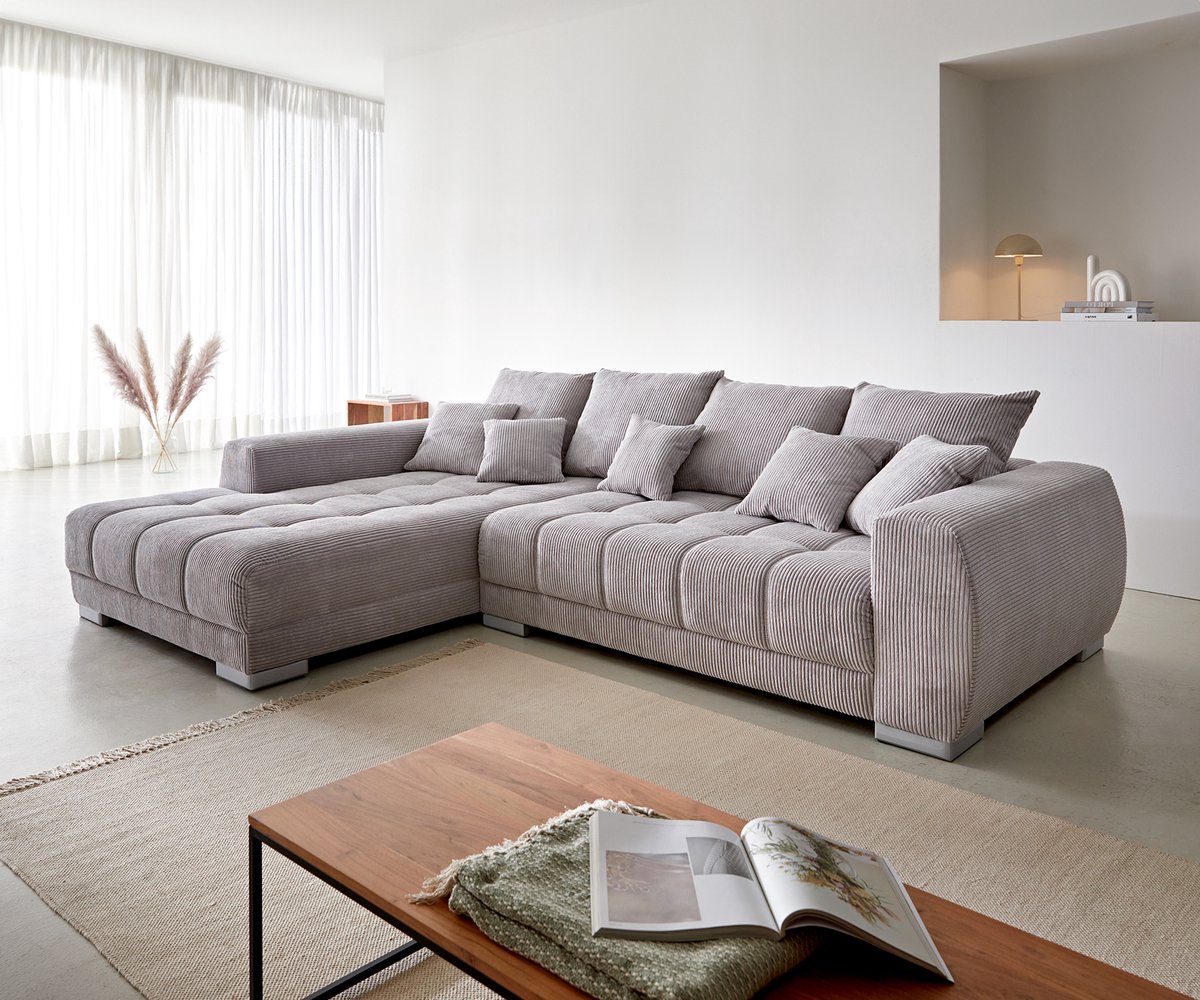 Bank Josea Cord zilvergrijs 300x220 cm voetenbank links hoekbank