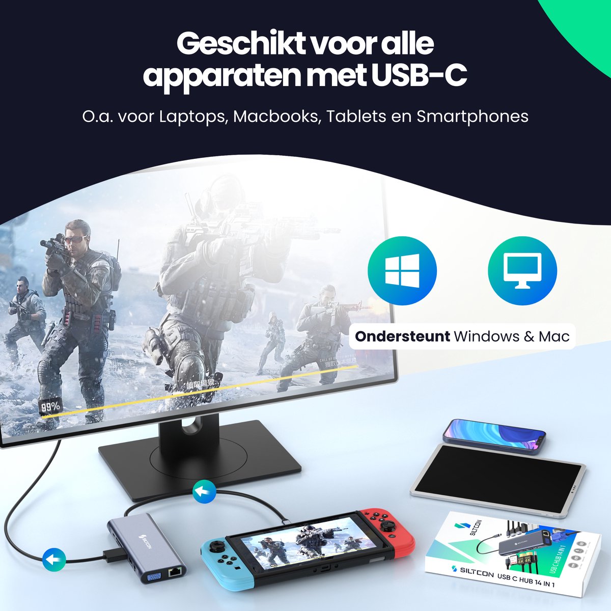 Siltcon® 14 in 1 USB C Hub - Docking Station Laptop - Docking Station USB C - 2x HDMI 4K - 1x VGA - RJ45 Gigabit - USB C 3.1 / USB A 3.1 - 100W PD - Spacegrey - 2026 model thumbnail 3