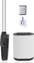 3-in-1 toiletborstel van siliconen met wc-borstelhouder en wandhouder, lange steel van roestvrij staal & hygiënisch met lamellen en schraper – toiletborstelset voor badkamer & gastentoilet (wit)