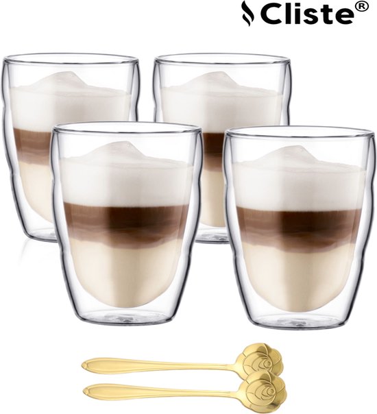 Cliste Dubbelwandige Koffieglazen 250ML Set van 4x Met Gratis 4x Lepels - Latte Macchiato Glazen - Dubbelwandige Cappuccino Glazen - Dubbelwandige Theeglazen - Cappuccino Glazen - Koffieglazen