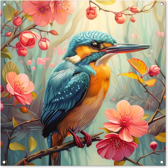 Tuinposter 100x100 cm - Tuindecoratie IJsvogel - Bloesem - Natuur - Vogels - Bloemen - Poster voor in de tuin - Buiten decoratie - Schutting tuinschilderij - Tuindoek muurdecoratie - Wanddecoratie balkondoek