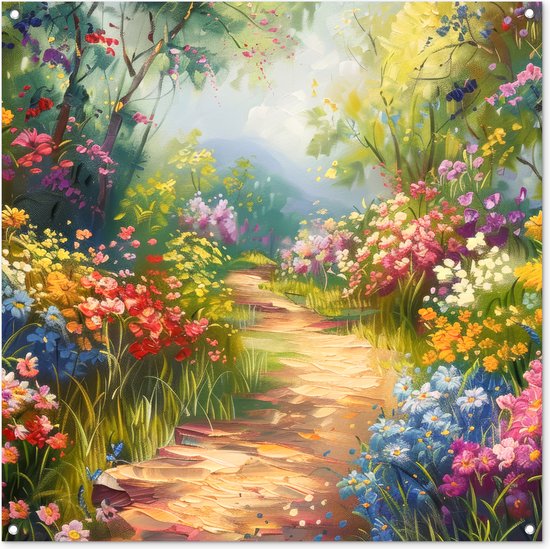 Tuinposter 100x100 cm - Tuindecoratie Natuur - Landschap - Bloemen - Kleurrijk - Poster voor in de tuin - Buiten decoratie - Schutting tuinschilderij - Tuindoek muurdecoratie - Wanddecoratie balkondoek