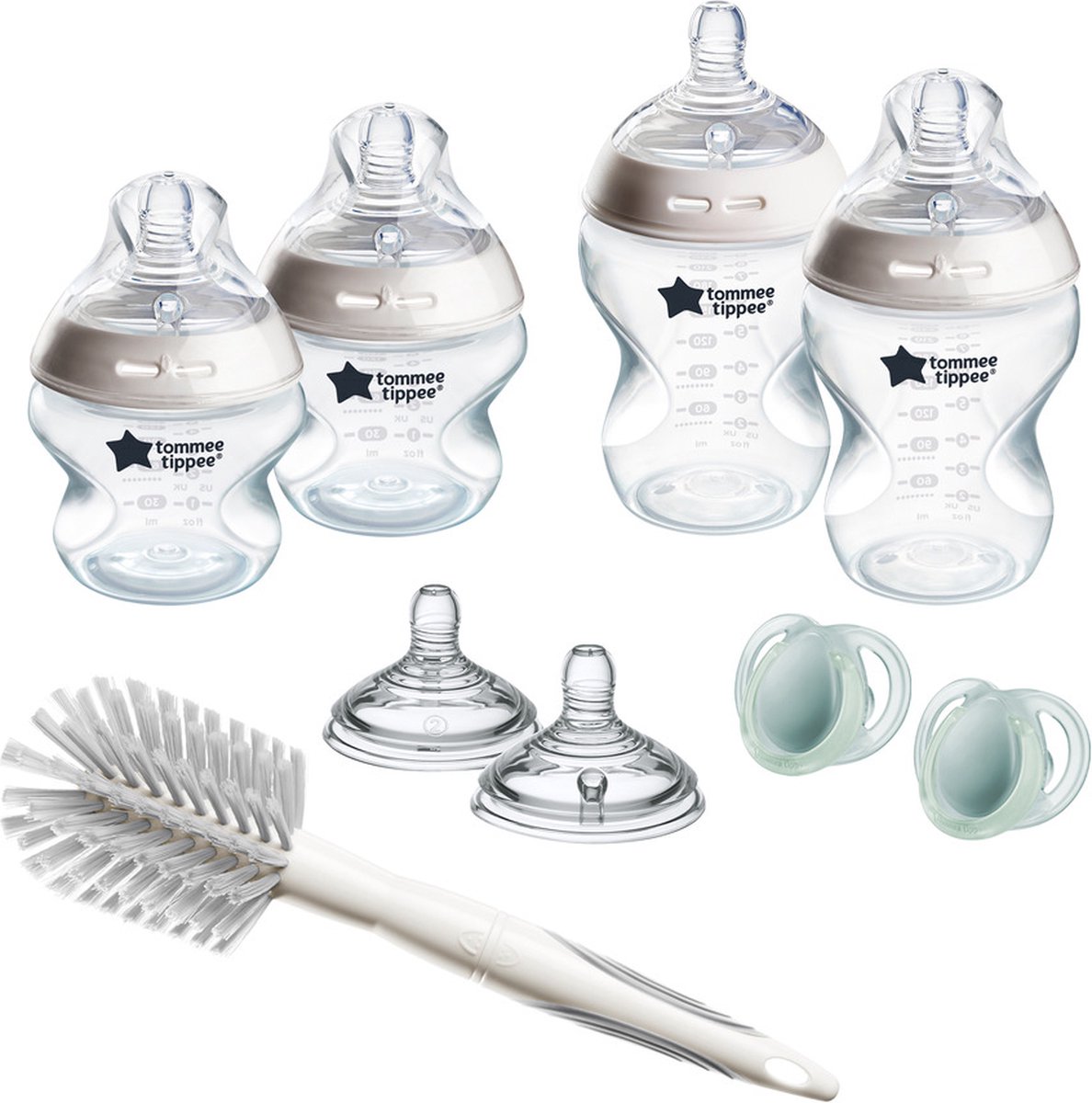 Goedkoopste Tommee Tippee babyflessen, Natural Start Newborn Starter Set, 150 ml en 260 ml Anti-Colic flesjes, borst-gelijkende spenen met langzame gemiddelde stroomsnelheid voor natuurlijk zuigen, zelfsteriliserend, anti-koliek ventiel, flesvoeding
