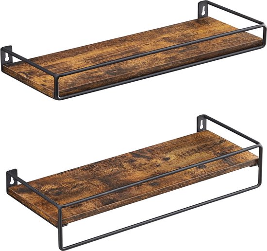 Foto: Wandplank set van 2 zwevende plank met stang wandplank opbergen aan de muur voor keuken slaapkamer woonkamer vintage bruin zwart lws441b01