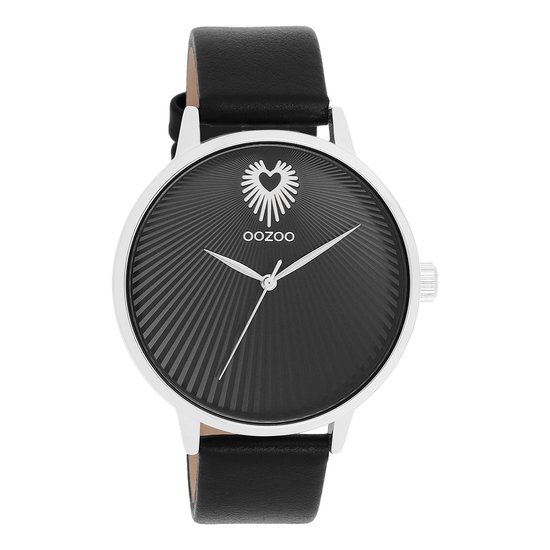 OOZOO Timepieces - Zilverkleurige OOZOO horloge met zwarte leren band - C11241