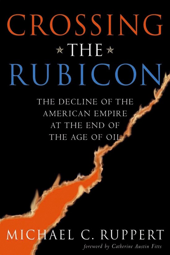 Couverture de livre intitulée 'Crossing The Rubicon' en lettres orange et bleues. Une ligne orange incandescente traverse en diagonale la couverture noire.