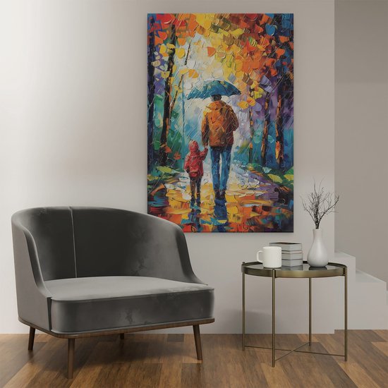 Artaza Canvas Schilderij Man en een Kind Lopen in de Regen met een Paraplu - 80x120 - Groot - Foto Op Canvas - Canvas Print