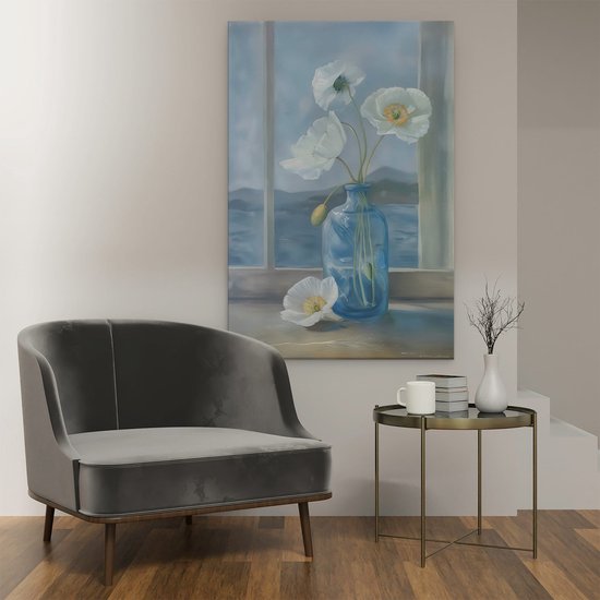 Peinture sur toile Artaza Fleurs Witte dans un vase bleu sur un rebord de fenêtre - 80x120 - Groot - Photo sur toile - Impression sur toile