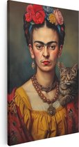 Artaza Canvas Schilderij Kunstwerk van Frida Kahlo met een Kat - 60x90 - Muurdecoratie - Foto Op Canvas - Canvas Print