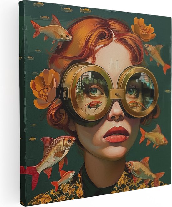 Artaza Canvas Schilderij Meisje met een Bril en Omringd door Vissen - 50x50 - Wanddecoratie - Foto Op Canvas - Canvas Print