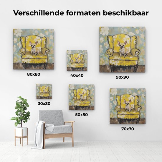 Artaza Canvas Schilderij Chihuahua in een Gele Stoel - Dieren - 60x60 cm - Wanddecoratie Woonkamer - Schilderijen - Muurdecoratie