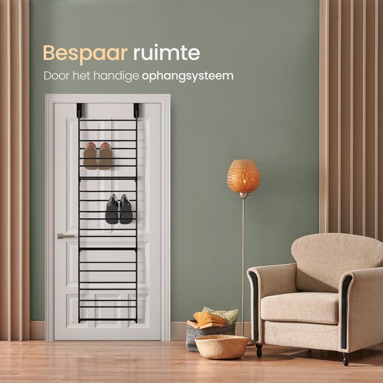 O'DADDY® Schoenenrek - Schoenenkast - Schoenenrek zwart - Schoenenrek deur - Schoenenrek hangend - Hangend schoenenrek - Deur schoenenrek - Hangend schoenenrek deur - Geschikt voor elke deur - 20 x 51 x 182 cm - Zwart