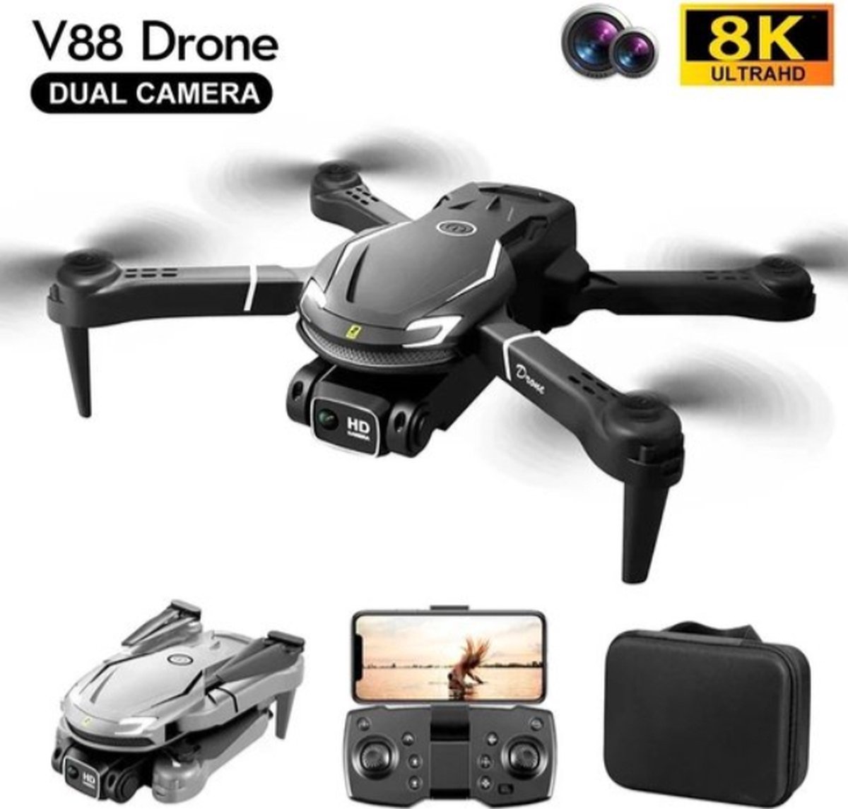 Bol.com Huiselijk Geluk v88 8k Dual - Drone - Drone met Camera - Drone met Camera voor Buiten - 8k video - 45 min - 50x zoom aanbieding