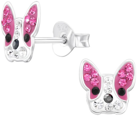Joy|S - Zilveren hond oorbellen - 8 mm - bulldog met roze oortjes en kristalletjes - oorknoppen - kinderoorbellen