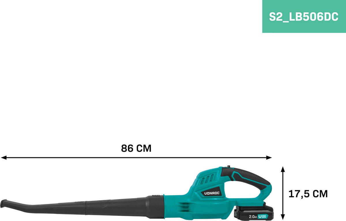 VONROC Accu Bladblazer 20V – Luchtsnelheid 180 km/u – Luchtvolume 5m3/min - Incl. 2x 2.0Ah accu’s en snellader – foto 2